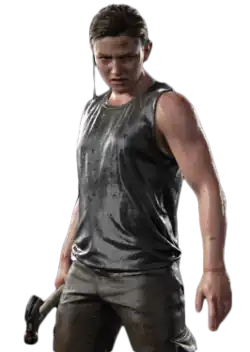 An image of a young woman, lightly soaked by water, with brown hair and a muscular physique. She angrily looks slightly to the right, and has a hammer in her hand.