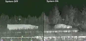 Photographs of an armoured vehicle through an infrared night sight, purportedly showing active camouflage panels in use