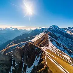 An AI-generated image of landscape photography showing mountain view with snow created by Adobe Firefly