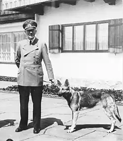 A full-length portrait of Hitler in military uniform holding a Blondi on a leash