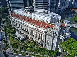 Aerial perspective of the Fullerton Hotel, Singapore named after Robert Fullerton. Shot October 2018.