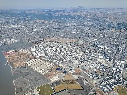 View directed north over Hayward; SR 92 runs along bottom right corner