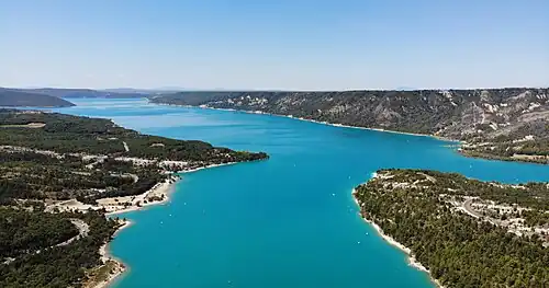The Lake of Sainte-Croix seen from the outlet of the Verdon Gorge