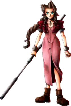Drawing of a brown-haired girl with green eyes holding a large staff. She wears silver bracelets, brown boots and a shin-length pink dress that buttons up with the front with a red bolero jacket.