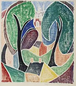 Agnes Weinrich, Untitled (Trees and Houses), about 1920, white-line block print, 12 x 10 3/4 inches, University of Iowa Stanley Museum of Art