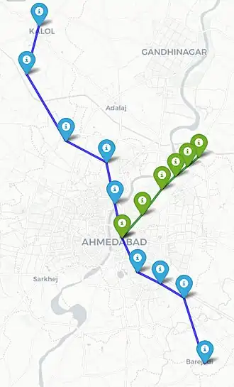 Map showing proposed suburban railway corridors in Ahmedabad, India.