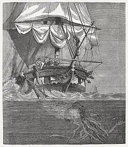 #18 (30/11/1861), A wood engraving of the Alecton encounter published in 1868, the squid clearly based on the one from the more famous image that had earlier appeared in Figuier (1866)