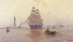 A fully rigged ship in front of the Statue of Liberty in New York Bay, 1897