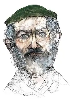Watercolour painting of Alejandro Finisterre. He is a light-skinned, middle-aged man with light-coloured eyes and a large, grey beard and a green flat cap.