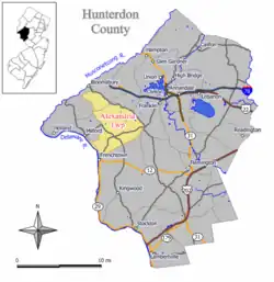 Location of Alexandria Township in Hunterdon County highlighted in yellow (right). Inset map: Location of Hunterdon County in New Jersey highlighted in black (left).