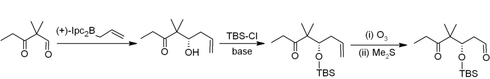An allyl-α-pineneborate allylates 2,2‑dimethyl-3‑oxopentenal to (5S)-5‑hydroxy-4,4‑dimethyloct-7‑en-3‑one; the alcohol is then protected with tert-butyldimethylsilyl chloride, and the terminal olefin cleaved in reductive ozonolysis with dimethyl sulfide.