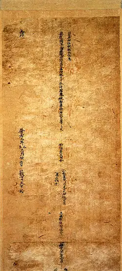Very few vertical lines in Chinese characters on yellow aged paper.