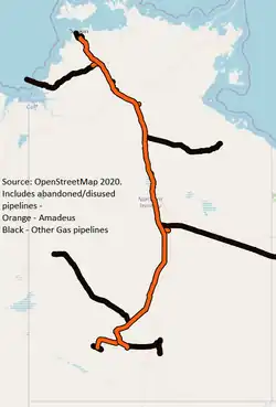 The Amadeus Pipeline (orange) and other main gas pipelines in the Northern Territory