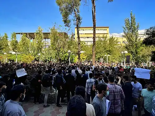 Amirkabir University of Technology students protest against the hijab and the government in the aftermath of the death of Mahsa Amini at the hands of the Iranian morality police for allegedly violating the hijab code in 2022.