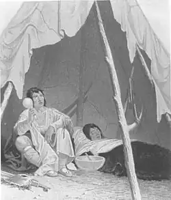 1857 engraving of a sick Native American being cared for by an Indigenous healer