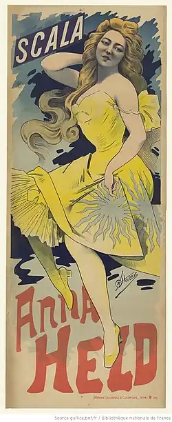 Poster of stage performer and singer Anna Held at the Scala (Paris), c. 1890