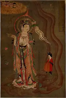 Bodhisattva leading a lady donor towards the Pure Lands. Painting on silk (Library Cave), Late Tang. Mogao Caves