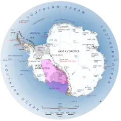 the rose shaded area shows the rift between East and West Antarctica