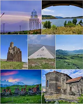 From top left: Holy Angels Church with Mount Aragats Aparan reservoir • Battle of Abaran memorial Mausoleum of Dro • Natural landscape of Aparan Armenian alphabet park • Kasagh Basilica