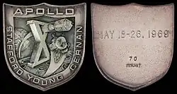 Apollo 10 mission emblem and crew names (front). Flight dates and serial number 70 (back)