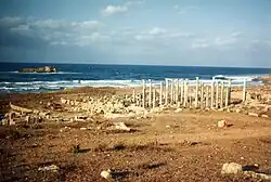 Several columns standing in a brown landscape, in front of the sea. An island is visible.