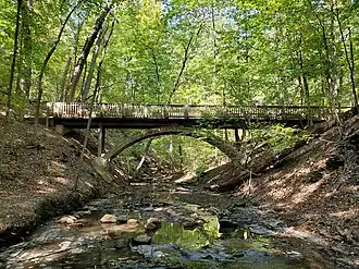 A wooden arched footbridge in a forest
