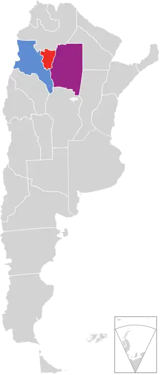 Argentina showing the three provinces that formed the republic: Santiago del Estero (east), Tucumán (center) and Catamarca (west)