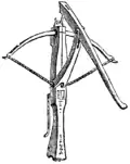 Illustration of a gaffe lever mounted on a crossbow that is nearly at full-span.