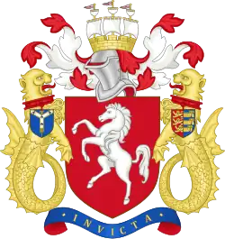 Arms of Kent County Council, granted 1933, including the Cinque Ports arms suspended from the collar of the sinister (right) supporter