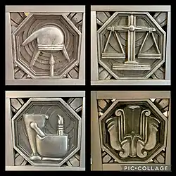 Four different art deco style metal reliefs found in railing inside the Fitzsimons building.