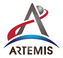 An arrowhead combined with a depiction of a trans-lunar injection trajectory forms an "A", with an "Artemis" wordmark printed underneath