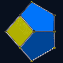 The dual of a triaugmented triangular prism, realized with three non-adjacent squares and six irregular pentagonal faces.[5][6] It is an order-5 associahedron '"`UNIQ--postMath-00000001-QINU`"', a polyhedron whose vertices represent the 14 triangulations of a regular hexagon.[5]