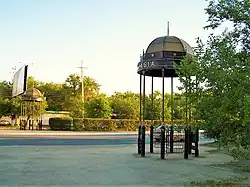 Atyrau, Kazakhstan. Small pavilions signaling the entrance to Asia. Beyond the Ural bridge there are two identical ones that signal the entrance to Europe