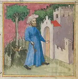 Ibn Umayl was depicted in later European books. In Aurora consurgens, c.1400, Here Senior Zadith carries the Key that opens The Treasure House of Wisdom.