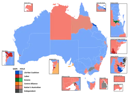 Party holding or gaining each electorate