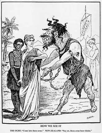 Political cartoon from 1900 depicting Australia as an ogre and referencing its origins as a penal colony