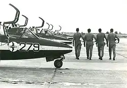 The four pilots and jets of the IAF Aerobatic Team (see double goose symbol) at the Hatzerim Airbase in 1976