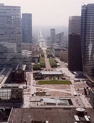 From the roof of the Grande Arche, past the skyscrapers of La Défense, down the Axe historique.