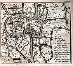 The Japanese quarter in Ayutthaya is indicated at the bottom center ("Japonois") of the map, 1691.