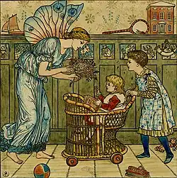 a tall female fairy in a draped gown passing a posey of flowers to a small child in a wicker push chair pushed by an older child wearing a green dress and a patterned pinafore against a nursery background with cupboards and toys
