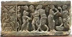Bacchanalian scene, representing the harvest of wine grapes, Greco-Buddhist art of Gandhara, 1st-2nd century CE