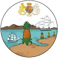 Badge of the British Leeward Islands, which featured on the colony's flag from 1952 to 1958.
