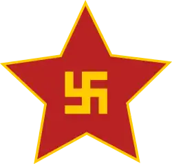 Early swastika and red star emblem of the Mongolian Revolutionary Youth League, used from 1921 to 1924.