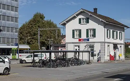 Two-story building with gabled roof