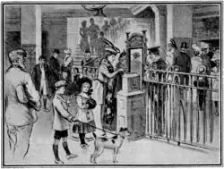 Sketch of a group of people at an underground railway station. A young woman in fashionable clothes is putting a ticket in a box as she prepares to go through a gate. A uniformed inspector looks on while two children with a dog wait for their turn with tickets in hand. Other people are visible in the background.