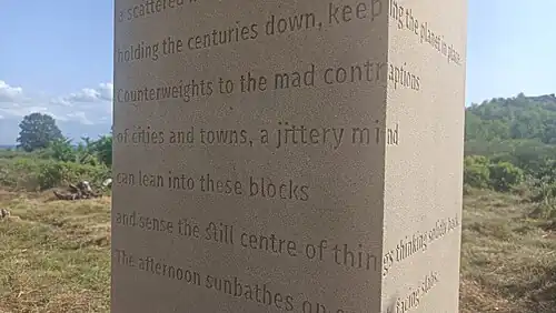 Detail of the artwork 'Balancing Act' by poet Simon Armitage with artist Adrian Riley at Brimham Rocks, North Yorkshire