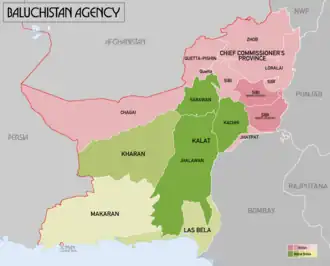 Khanate of Kalat (dark green) in Baluchistan Agency (1931)