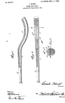 Patent No. 430,388 (June 17, 1890) awarded to Emile Kinst for an "improved ball-bat"