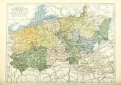 Barony map of County Limerick, 1900; Connello Lower is in the northwest, coloured yellow.