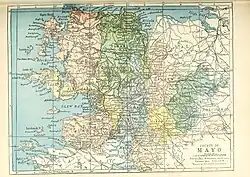 Barony map of County Mayo, 1900; Burrishoole is in the west-centre, coloured yellow.